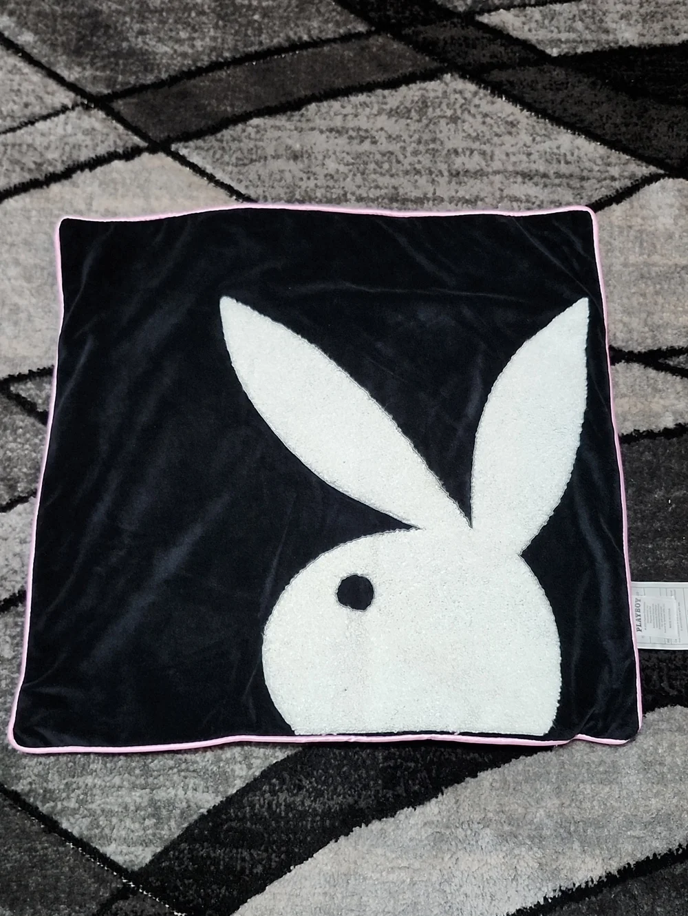 PLAYBOY BUNNY EMBROIDERED BUNNY/DOUBLE SIDED MONOGRAM BLACK SQUARE PILLOW-CASE